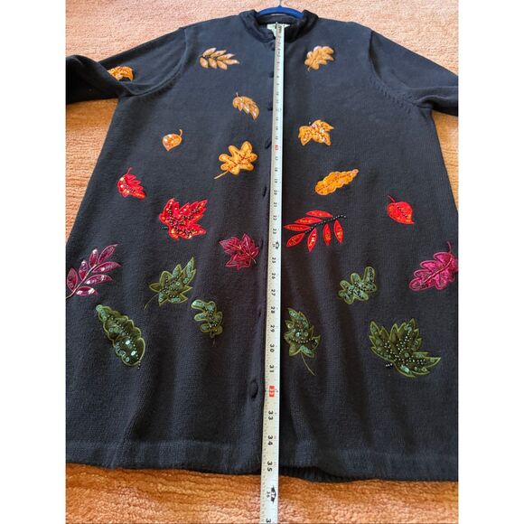 Quacker Factory Fall Leaves Embellished Button Front Cardigan Black 1X - Picture 8 of 9